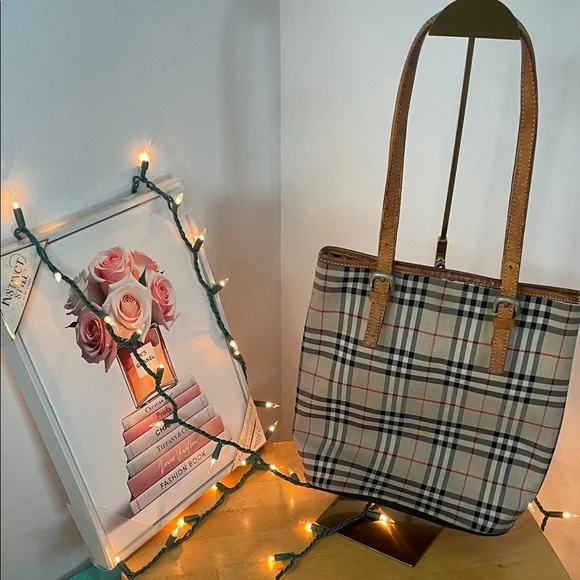 BurberryS Blue Label Plaid Tote Bag with Tan Accents - Picture 3 of 16